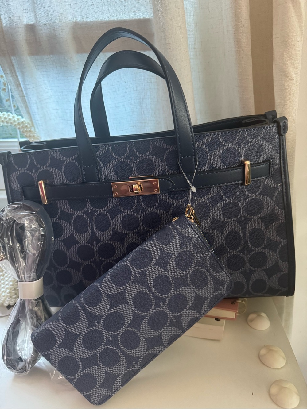 Designer-Style Navy Tote Bag with Matching Wristlet